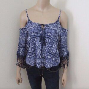 Hollister Womens Cold Shoulder Fringe Printed Peasant Top Size Small
